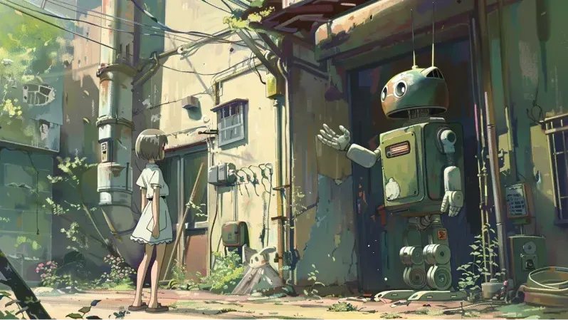 Illustrated woman chatting with a friendly AI robot in a customer service conversation