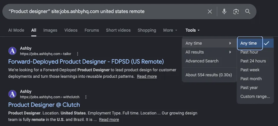 Google search results sorted by past 24 hours showing recent job postings